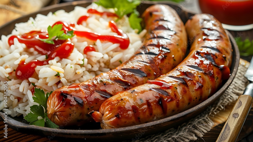 Two grilled sausages with rice and ketchup Two grilled sausages with rice and ketchup
