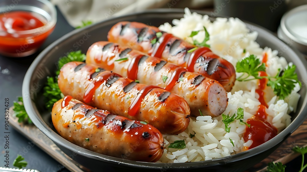Two grilled sausages with rice and ketchup Two grilled sausages with rice and ketchup