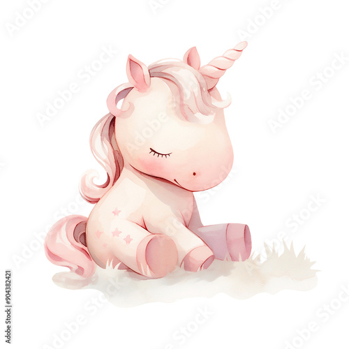 watercolor illustration of a cute pink baby unicorn