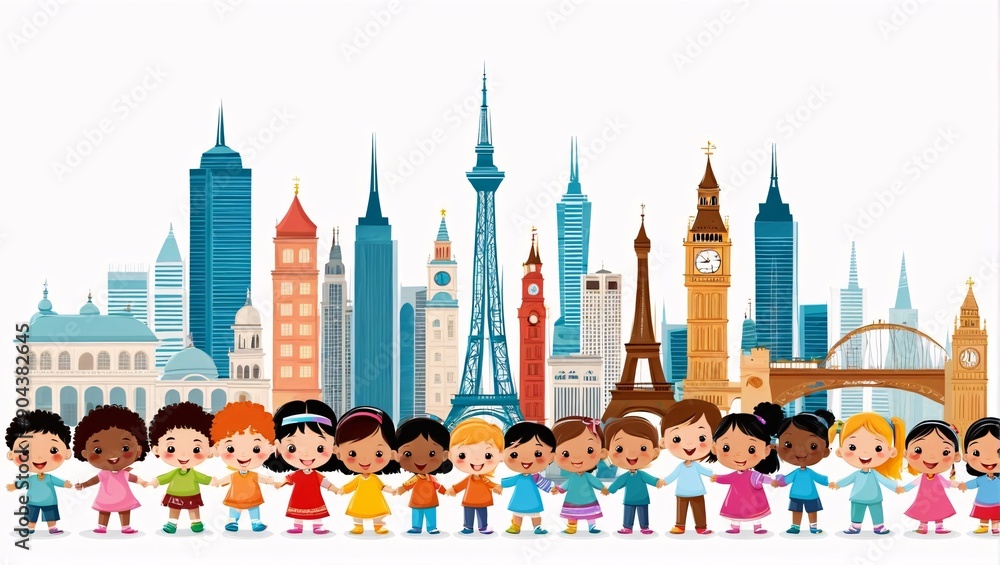 multicultural diverse children cartoon with city skyline of world multicultural diverse children cartoon with city skyline of world
