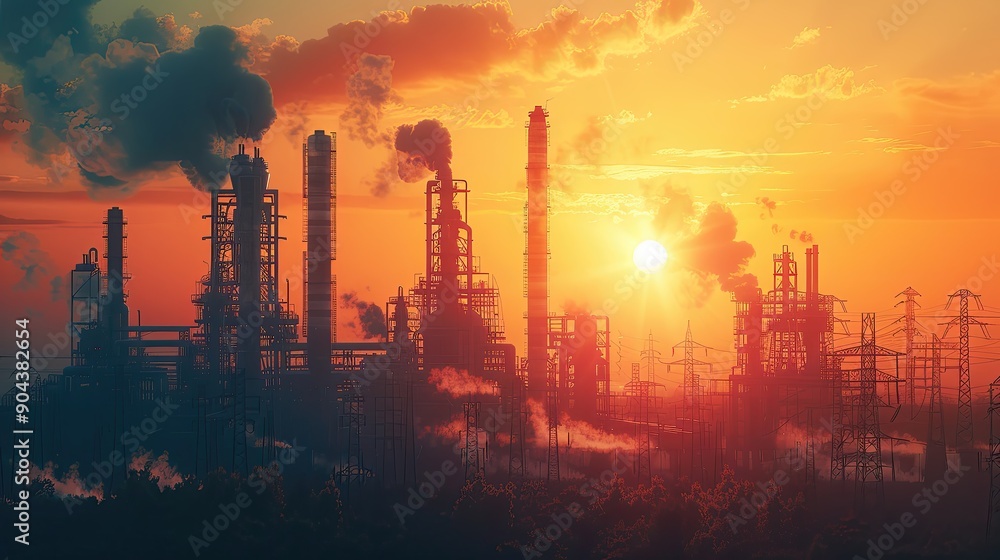 A city skyline with a large industrial plant in the background A city skyline with a large industrial plant in the background
