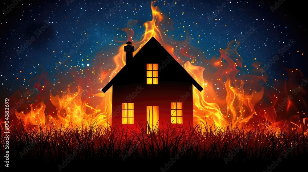 Fototapeta premium A house is on fire and surrounded by flames