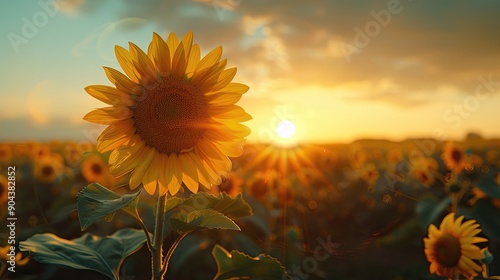 A sunflower is in the foreground of a field of sunflowers