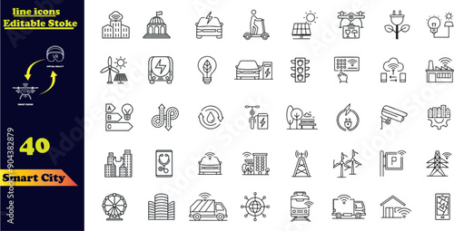 Smart city line icon set with infrastructure efficiency tech, future digital urban, autonomous building .
