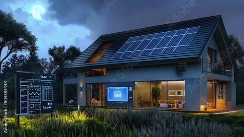 A smart home with integrated energy management, featuring solar panels, battery storage, and real-time monitoring on a digital display.