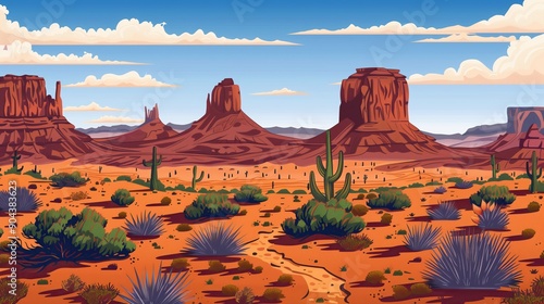 Illustration of a red western desert valley landscape photo