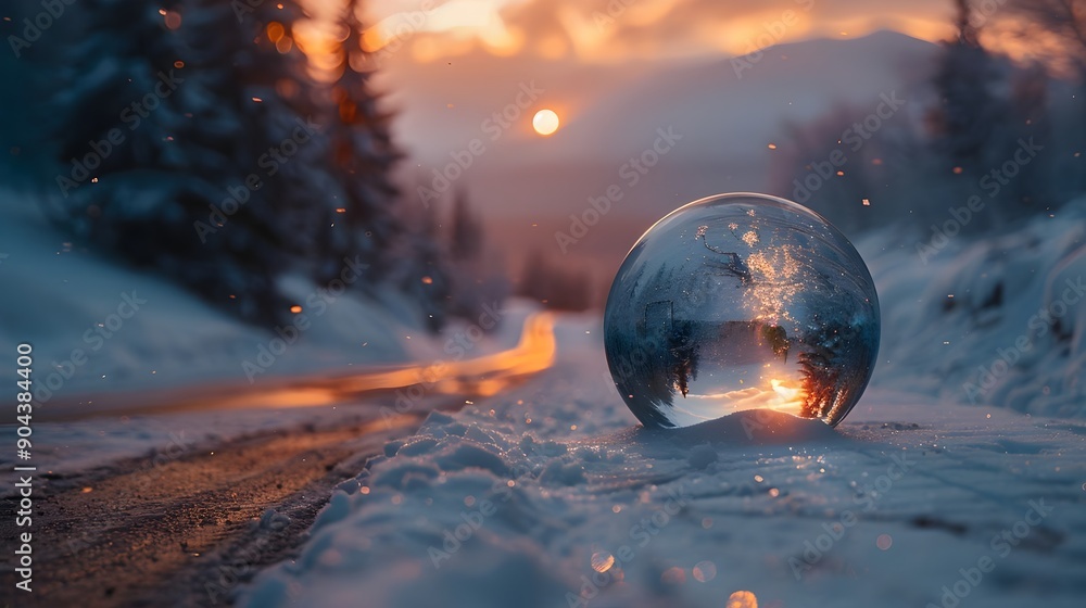 A large glass ball is sitting on the snow next to a road A large glass ball is sitting on the snow next to a road