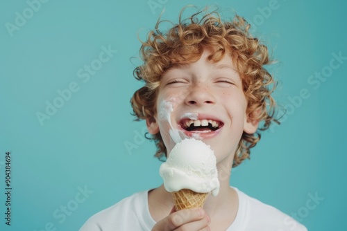 Fresh-faced youth radiating exuberance and innocence. Joyful teen expressive eyes and candid smile. Little one devours their favorite ice cream flavor.