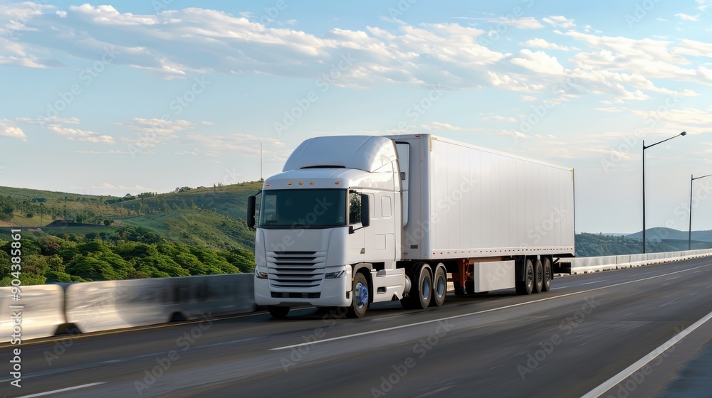 A large white truck travels on a smooth highway surrounded by green fields and hills, with a clear blue sky overhead during daylight A large white truck travels on a smooth highway surrounded by green fields and hills, with a clear blue sky overhead during daylight