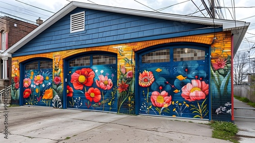A blue building with three garage doors painted with flowers