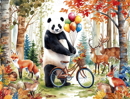 Autumn Forest Wallpaper Mural, Panda, Bike, Woodland, Wildlife, Animals, Wall Art, Nursery, Kids Room, Fox, Deer, Bunny, Wall Mural, Watercolor, Balloons
