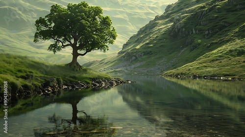 Under huge hills a single tree is standing next to a clear reflecting brook