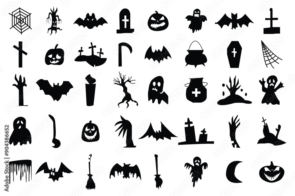 Set of Halloween silhouettes black icon and character. Set of modern simple retro-style icons. Set of silhouettes of Halloween on a white background. Silhouette vector illustration. Set of Halloween silhouettes black icon and character. Set of modern simple retro-style icons. Set of silhouettes of Halloween on a white background. Silhouette vector illustration.