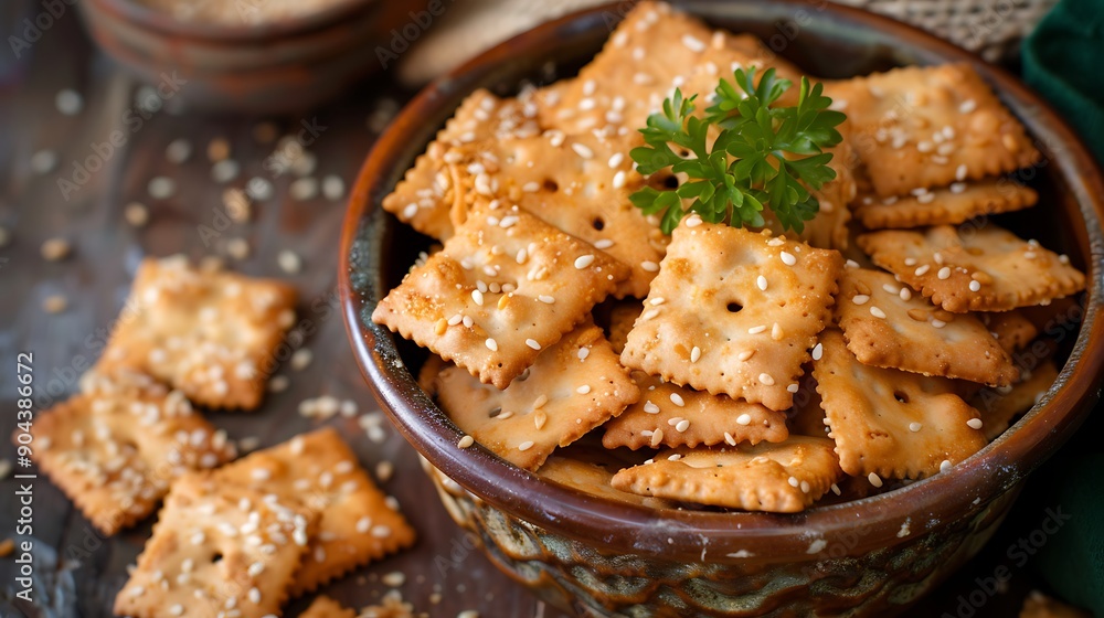 Upper view sesame seed topped homemade cheese crackers in an aged bowl Upper view sesame seed topped homemade cheese crackers in an aged bowl
