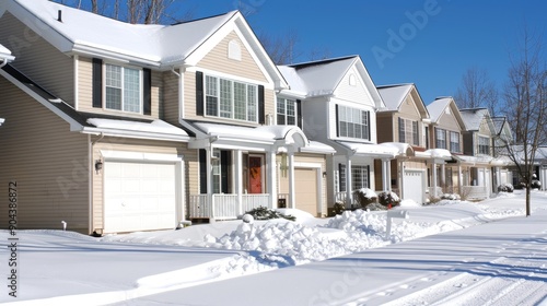 A vibrant row of houses blanketed in fresh snow with bright exteriors, set against a clear blue sky on a sunny winter day photo