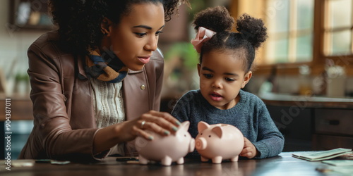 Mother teaching daughter financial literacy at home, next generation with money management skills