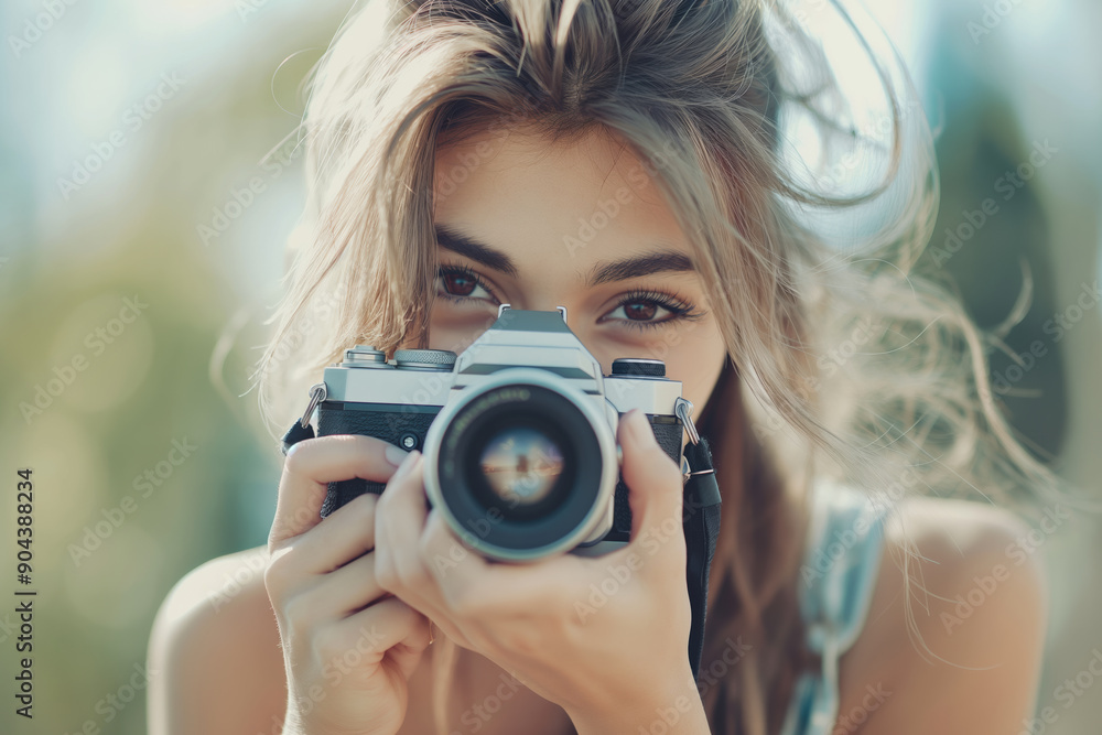 Close-up of a young Caucasian woman holding a camera, taking a photo, outdoors, learning photography Close-up of a young Caucasian woman holding a camera, taking a photo, outdoors, learning photography