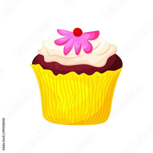 Cute and tasty hand drawn chocolate cup cacke with cream in yellow backery paper for birthday party. Sweet vector food illustration. Holiday dessert