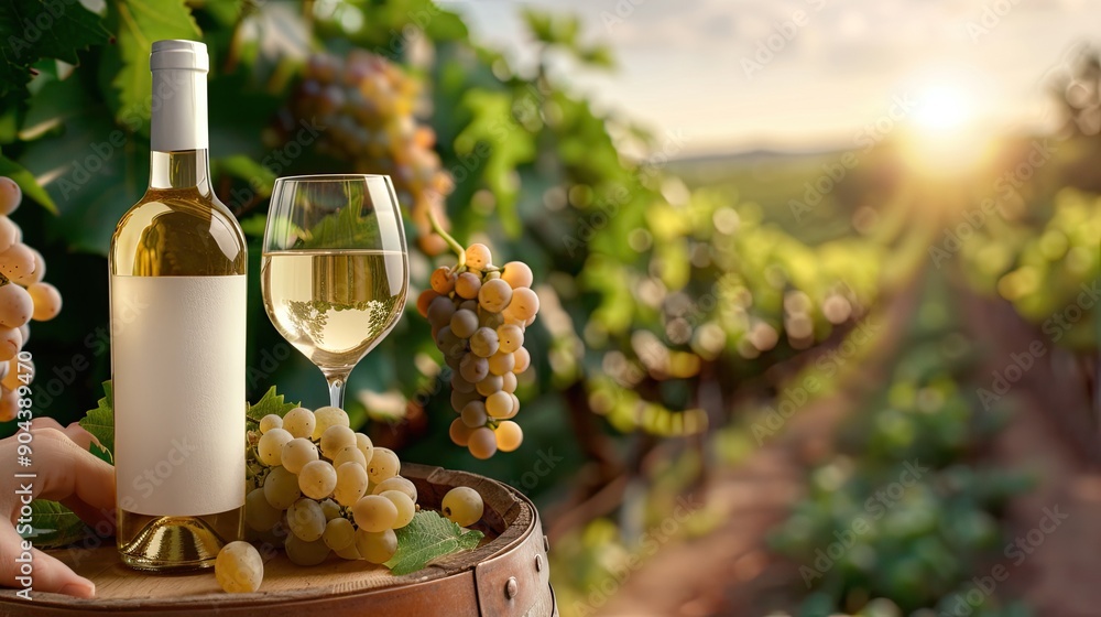 Fototapeta premium A bottle of wine and a glass rest atop a wooden barrel, with fresh grapes nearby and a beautiful vineyard landscape in the background during sunset