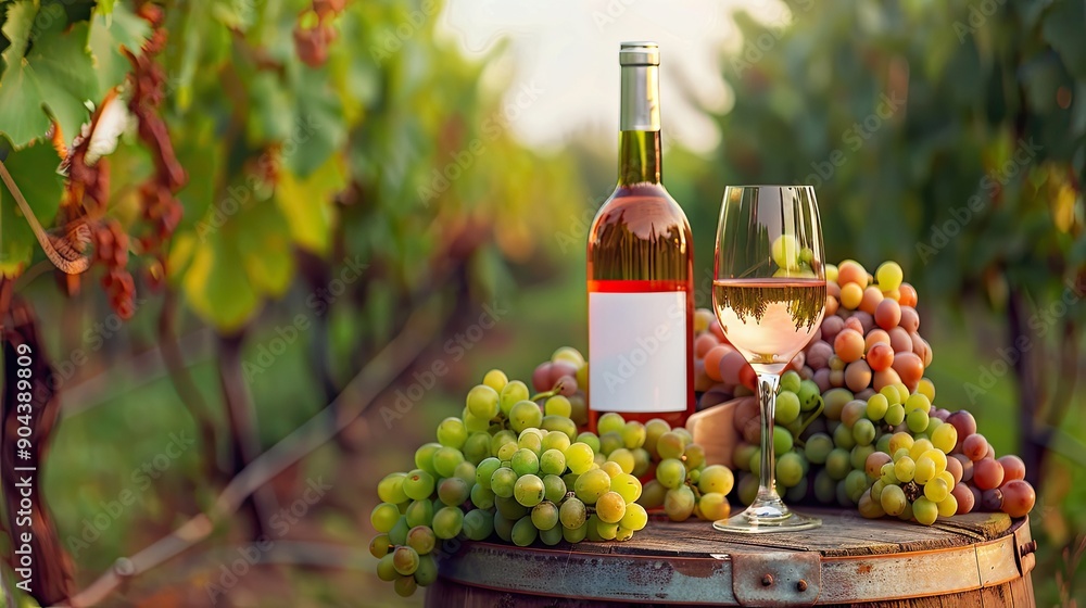Fototapeta premium A bottle of wine and a glass rest atop a wooden barrel, with fresh grapes nearby and a beautiful vineyard landscape in the background during sunset