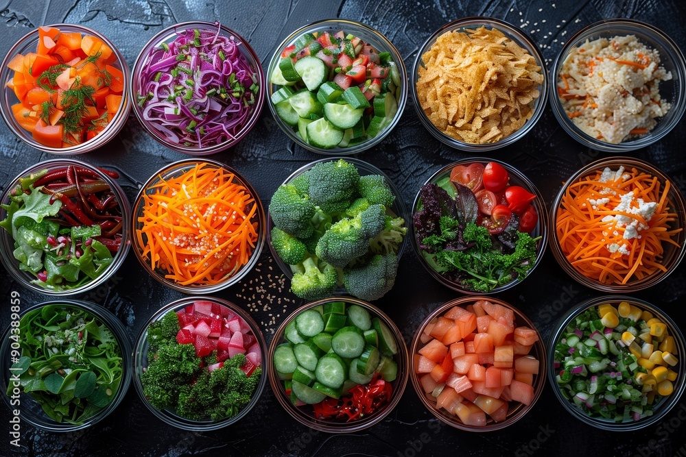 Fototapeta premium Colorful Array of Fresh Vegetables and Salads Prepared for a Healthy Meal in a Modern Kitchen