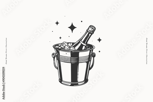 Сhampagne bottle in an ice bucket, sparkling stars in the background, perfect for celebration and event designs.