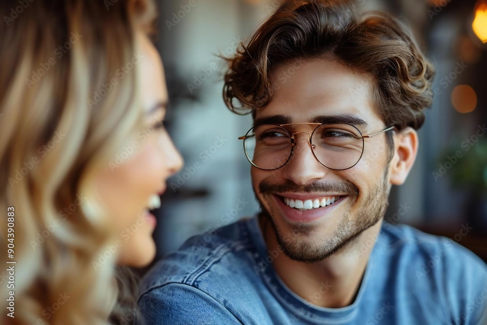 Young man with glasses smiling and laughing while video chatting with a beautiful woman on his laptop at home. Young man with glasses smiling and laughing while video chatting with a beautiful woman on his laptop at home.