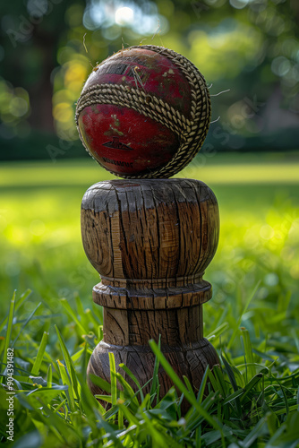 A Vibrant Red Cricket Ball Resting on an Antique Wooden Bat Amidst Lush Green Grass in a Sunny Park