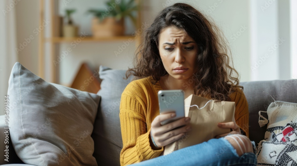 Worried woman on the sofa, clutching her phone and eyeing a mysterious package with concern Worried woman on the sofa, clutching her phone and eyeing a mysterious package with concern