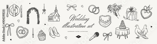 Wedding Elements Collection. Set of hand drawn wedding illustrations, rings, cake, flowers, doves, gifts and microphone. Vector wedding illustrations for invitations, greeting cards and posters.