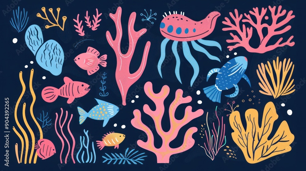 Graphic illustration simplifying vibrant ocean life focusing on coral structures Graphic illustration simplifying vibrant ocean life focusing on coral structures