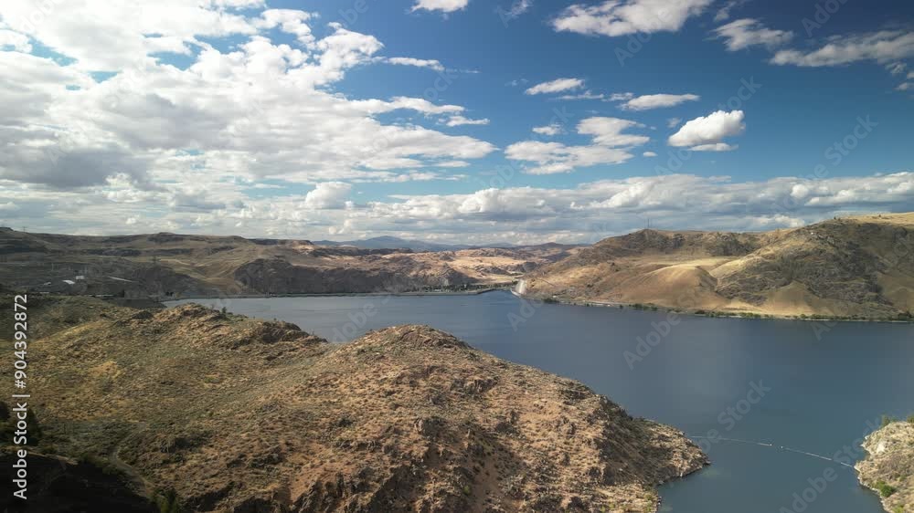 Aerial of Columbia River Lake Roosevelt in Grand Coulee Washington in summer with dry hillsides Aerial of Columbia River Lake Roosevelt in Grand Coulee Washington in summer with dry hillsides