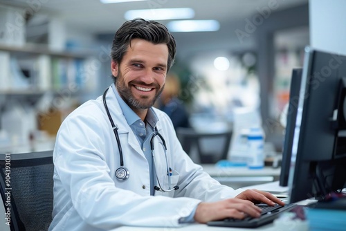 Beautiful male doctor smiling and typing on keyboard with a stethoscope around neck, sitting at a desk in an office in a hospital, looking at computer screen.