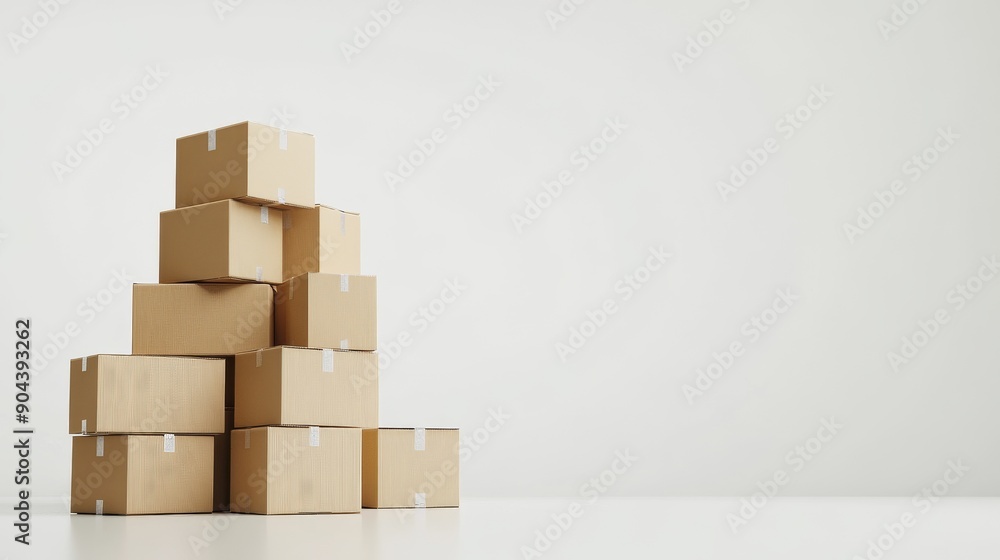 A neatly stacked pile of cardboard boxes on a plain background A neatly stacked pile of cardboard boxes on a plain background