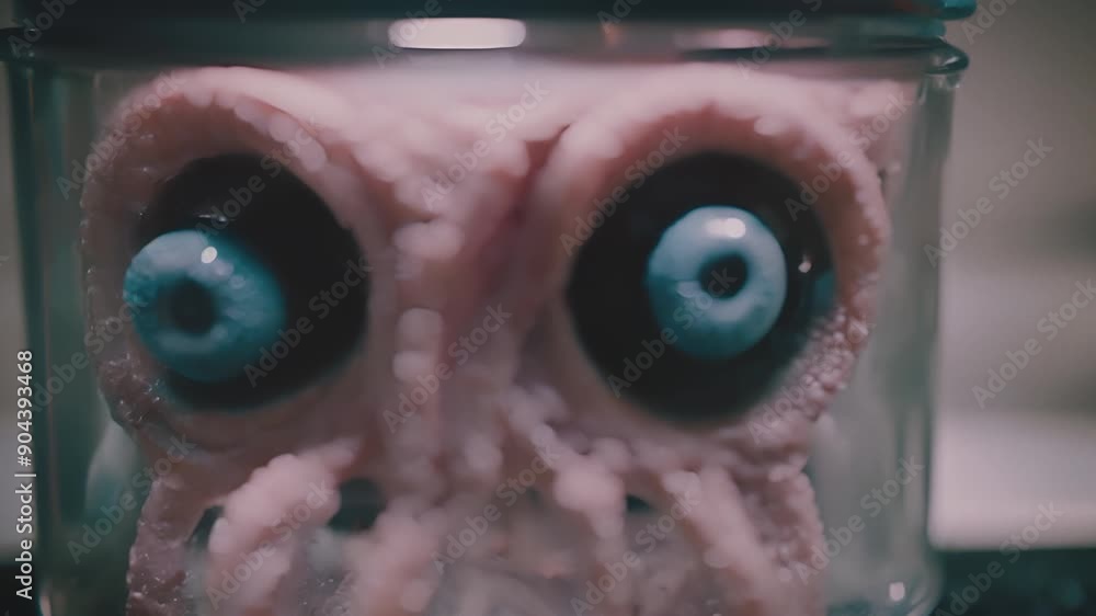 Strange brain or a creature with a pair of eyes in a jar in a ...