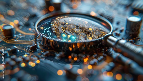 A magnifying glass zooming in on an AI brain with digital circuitry.