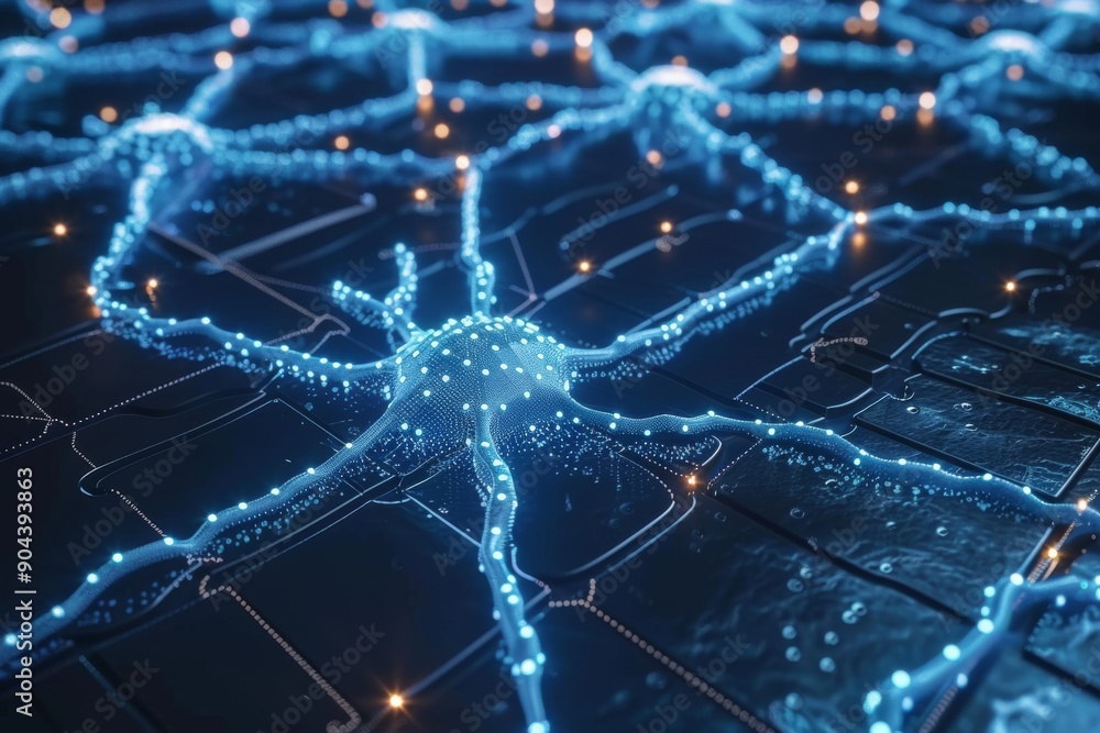 Electric blue brain in a neon network visualizing high speed cognitive processes in a digital era Electric blue brain in a neon network visualizing high speed cognitive processes in a digital era