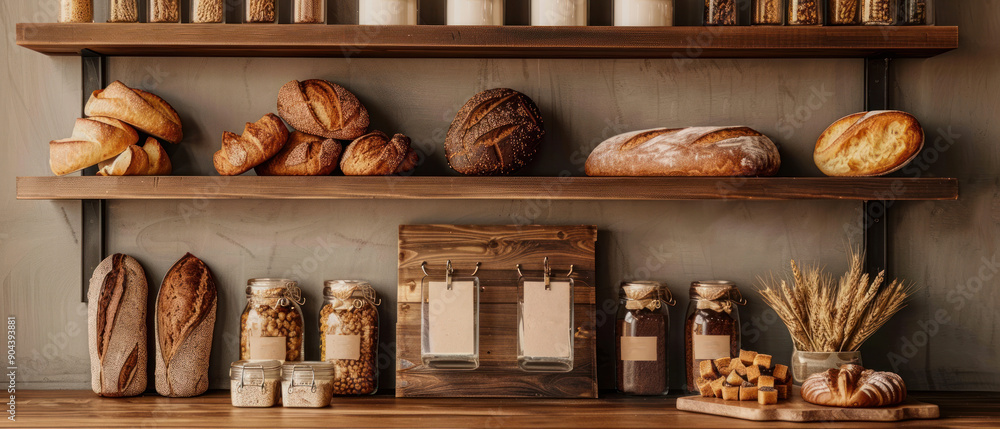 Freshly baked bread and jars of ingredients arranged on wooden shelves, showcasing a warm, rustic kitchen atmosphere. Freshly baked bread and jars of ingredients arranged on wooden shelves, showcasing a warm, rustic kitchen atmosphere.