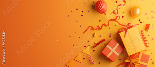 Colorful party decorations featuring gifts, balloons, and confetti on a vibrant orange background for festive celebrations.