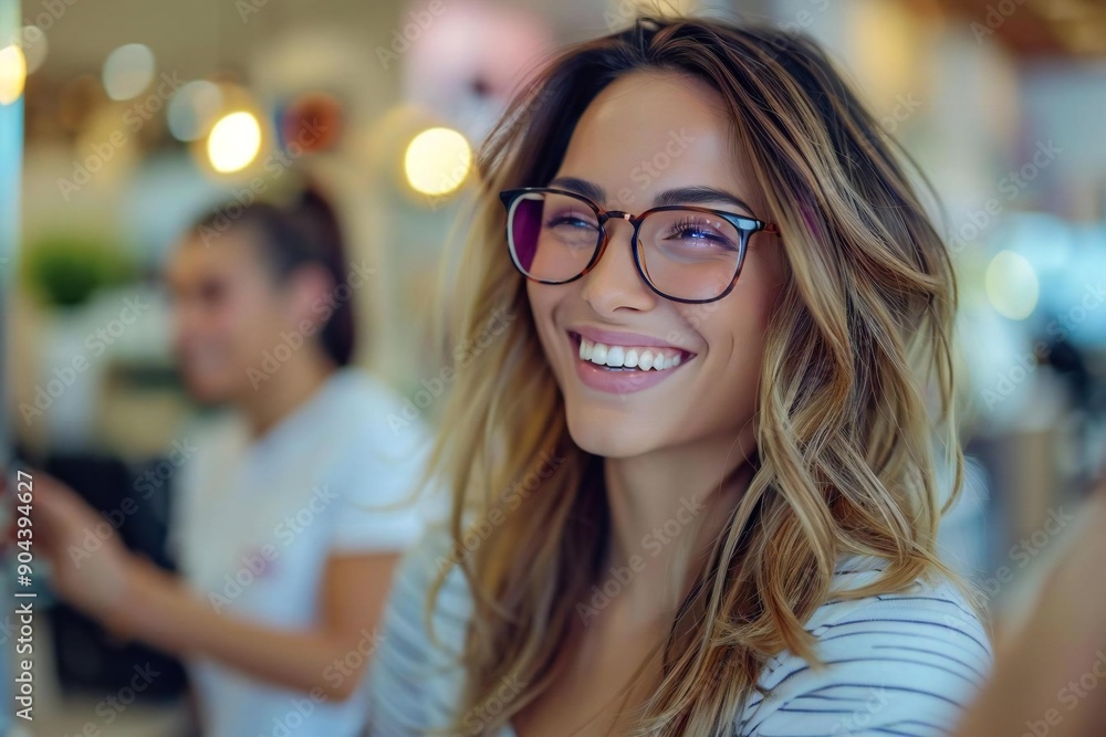 Beautiful woman smiling and laughing while wearing glasses as beautician waxes her leg in a spa salon, looking away from the camera. Beautiful woman smiling and laughing while wearing glasses as beautician waxes her leg in a spa salon, looking away from the camera.