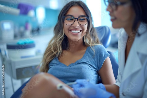 Beautiful woman wearing eyeglasses smiling and laughing while a beautician applies hot wax to her leg in a spa, looking towards the camera.
