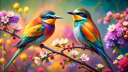 Two colorful birds sitting on a branch among vibrant flowers. Vibrant artistic painting style illustration.