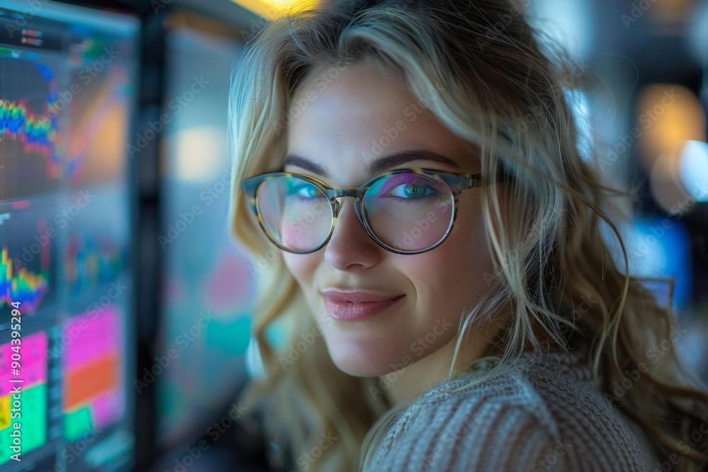 Beautiful woman with eyeglasses smiling and working on her computer in the office. She is looking at a growth chart on the monitor. Beautiful woman with eyeglasses smiling and working on her computer in the office. She is looking at a growth chart on the monitor.