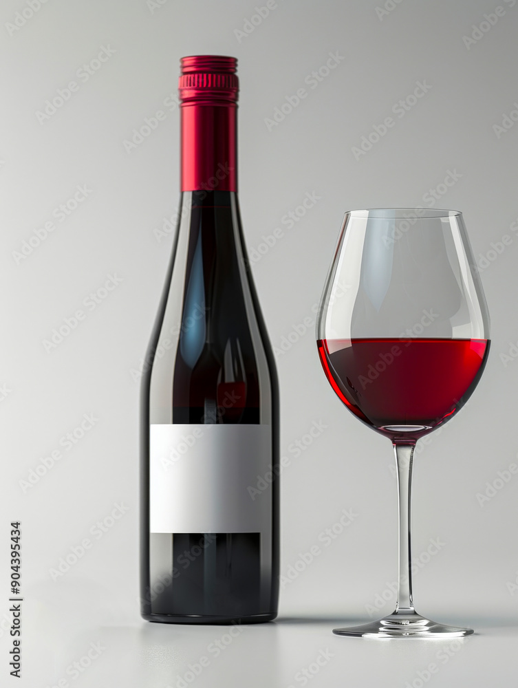 Wine Bottle and Glass on Minimalistic Background. stylish 3D image featuring wine bottle with red cap and filled wine glass, set against minimalistic grey background, highlighting simplicity, elegance Wine Bottle and Glass on Minimalistic Background. stylish 3D image featuring wine bottle with red cap and filled wine glass, set against minimalistic grey background, highlighting simplicity, elegance