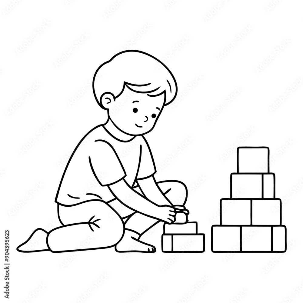 A cute chile play with toy blocks, line art vector illustration A cute chile play with toy blocks, line art vector illustration