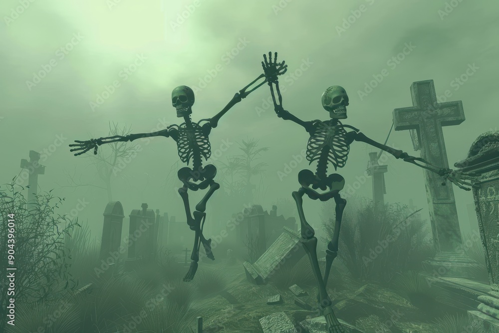 Fototapeta premium Skeletons dancing in a graveyard filled with moss-covered tombstones and thick, rolling fog