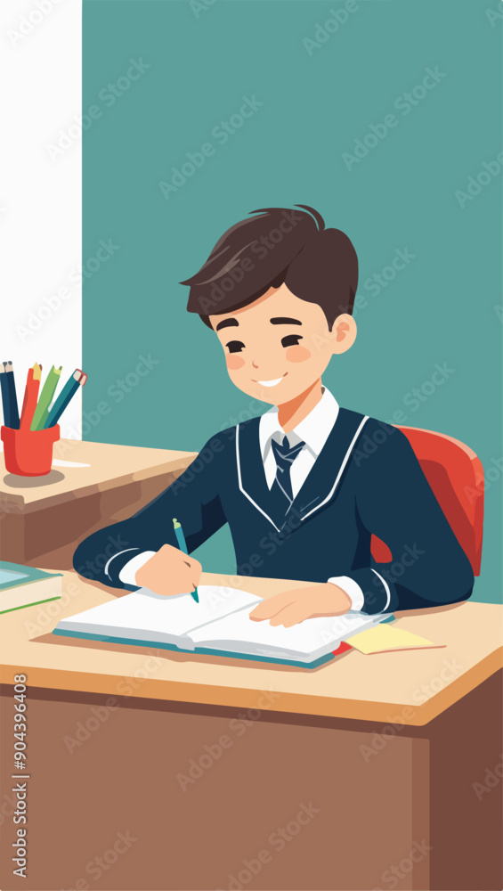 Boy in Uniform Completing Homework in Classroom Vector Boy in Uniform Completing Homework in Classroom Vector