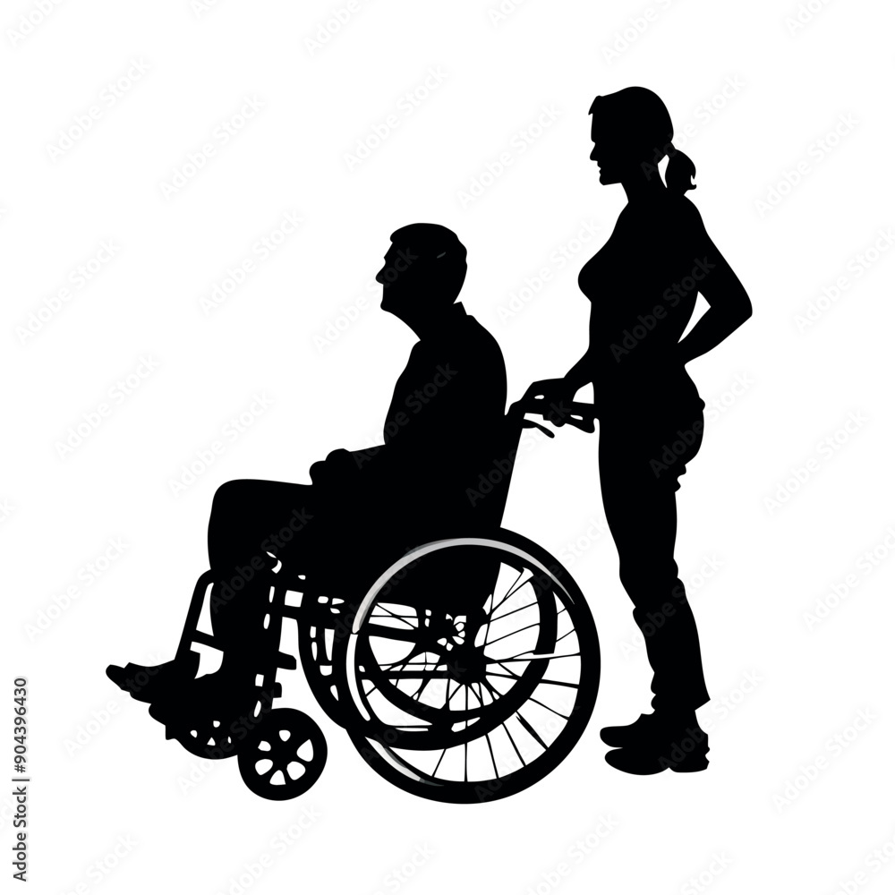 a disable man sitting on the wheel chair, and a helping woman are help his, black color silhouette, isolated white background a disable man sitting on the wheel chair, and a helping woman are help his, black color silhouette, isolated white background