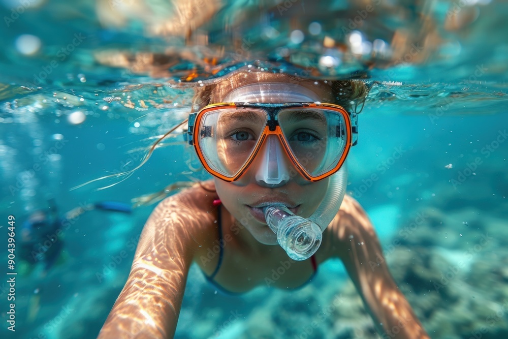Naklejka premium A woman wearing a snorkel mask swims underwater, looking directly at the camera