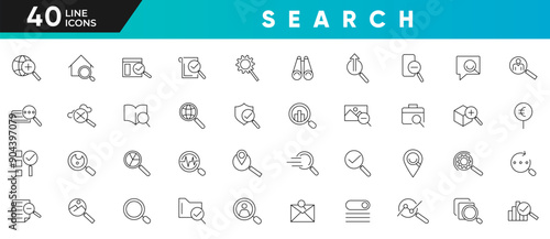 Search line icon set. Contains a magnifying glass, find, protection, check mark, tick box, look tool, Zoom and find document Outline icon collection. UI thin icon pack.